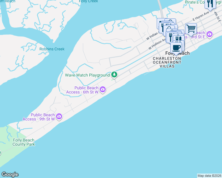 map of restaurants, bars, coffee shops, grocery stores, and more near 509 West Ashley Avenue in Folly Beach