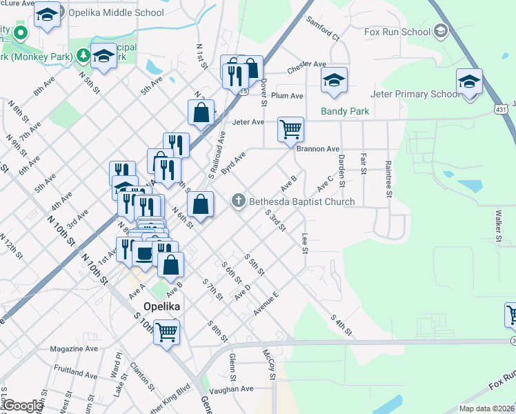 map of restaurants, bars, coffee shops, grocery stores, and more near 304 Avenue B in Opelika