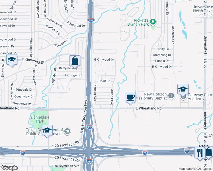 map of restaurants, bars, coffee shops, grocery stores, and more near 143 Bushel Lane in Dallas