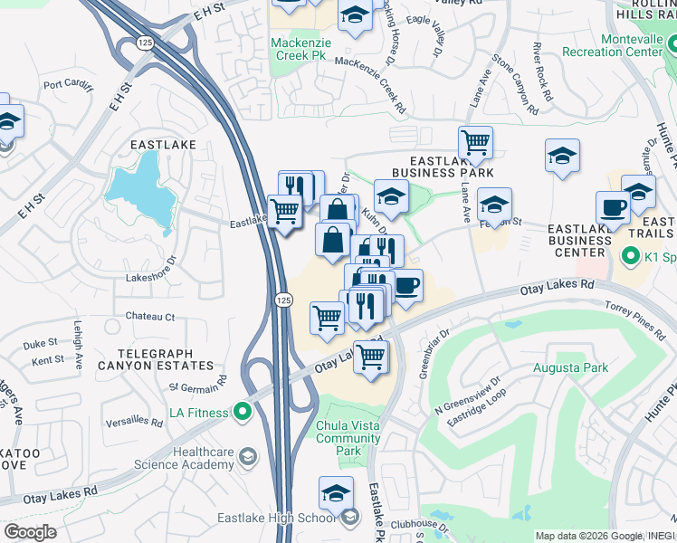 map of restaurants, bars, coffee shops, grocery stores, and more near 910 Eastlake Parkway in Chula Vista