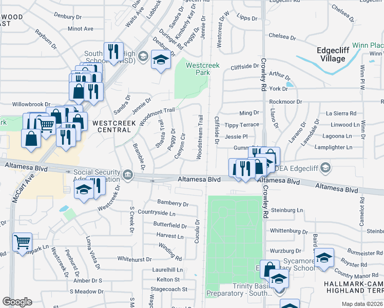 map of restaurants, bars, coffee shops, grocery stores, and more near 2309 Whispering Ct in Fort Worth