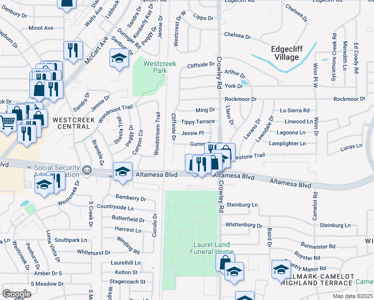 map of restaurants, bars, coffee shops, grocery stores, and more near 6605 Lucilla Court in Fort Worth