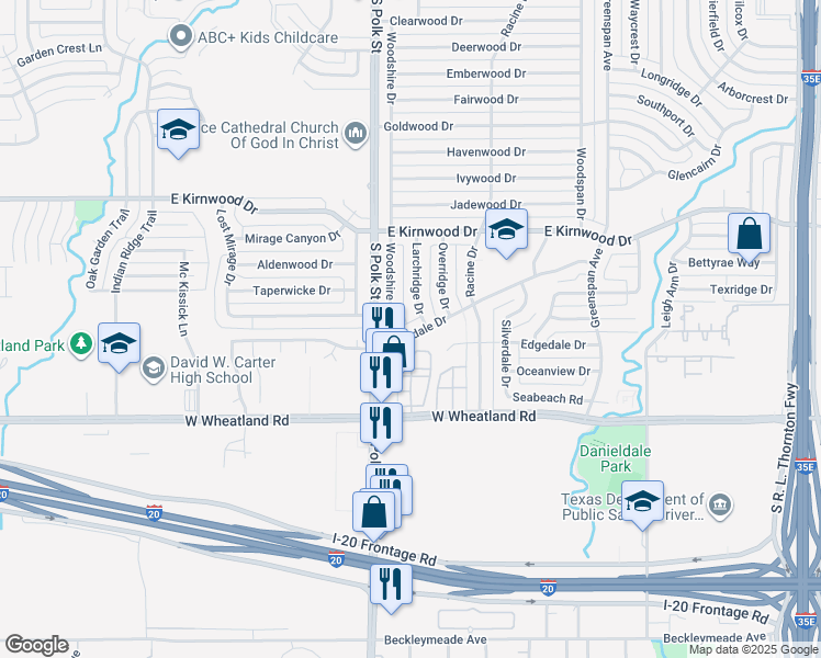 map of restaurants, bars, coffee shops, grocery stores, and more near 921 Cleardale Drive in Dallas