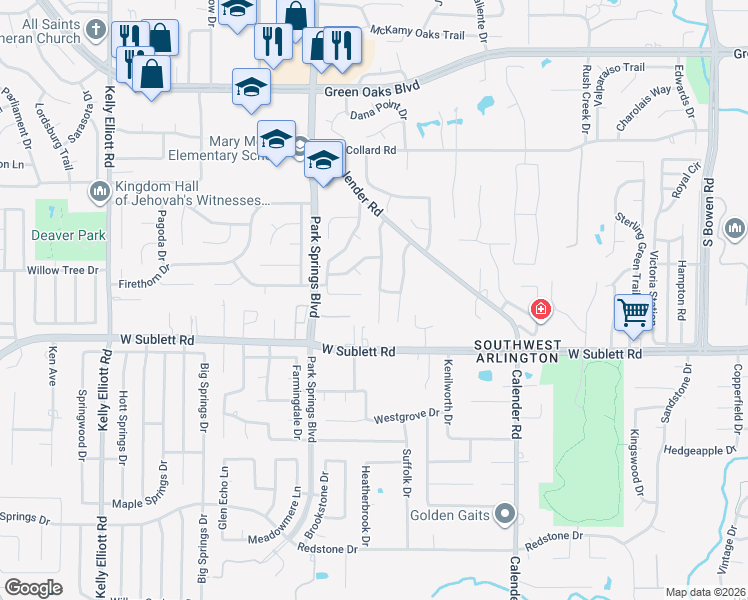 map of restaurants, bars, coffee shops, grocery stores, and more near 5903 Teal Ridge Drive in Arlington