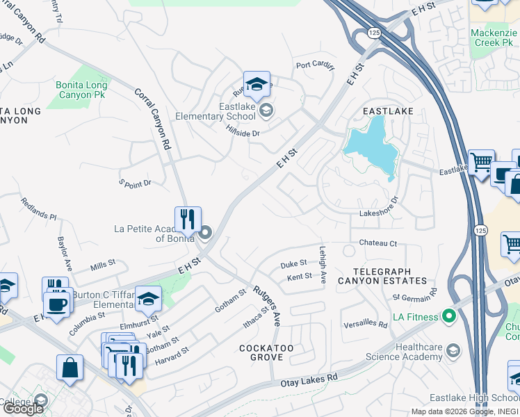 map of restaurants, bars, coffee shops, grocery stores, and more near 1908 Clearbrook Drive in Chula Vista