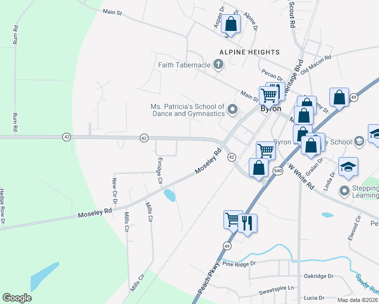 map of restaurants, bars, coffee shops, grocery stores, and more near 109 State Route 42 in Byron