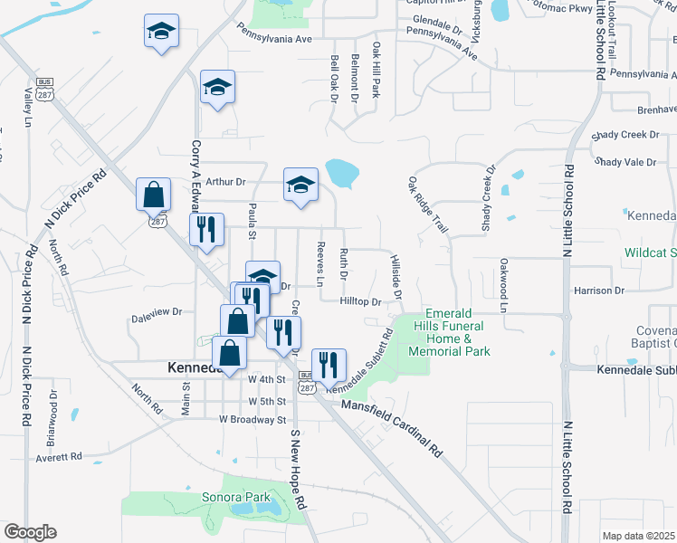 map of restaurants, bars, coffee shops, grocery stores, and more near 607 Ruth Drive in Kennedale