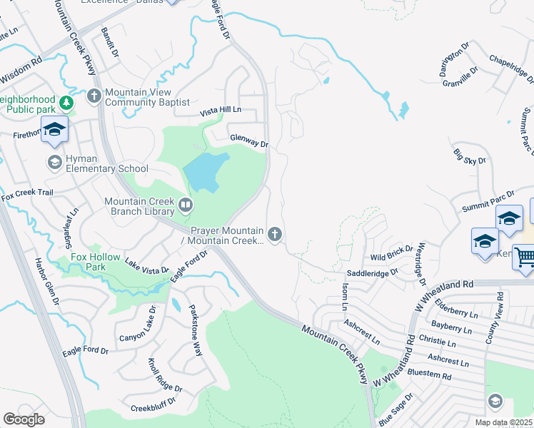 map of restaurants, bars, coffee shops, grocery stores, and more near Prayer Mountain Lane in Dallas