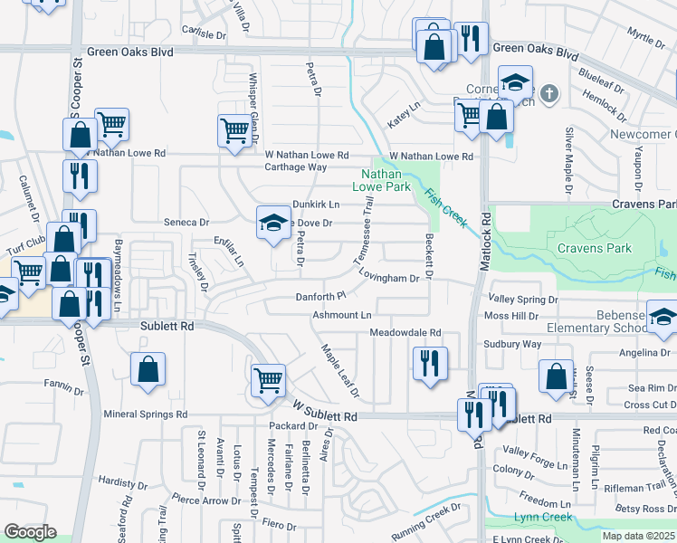 map of restaurants, bars, coffee shops, grocery stores, and more near 925 Tennessee Trail in Arlington