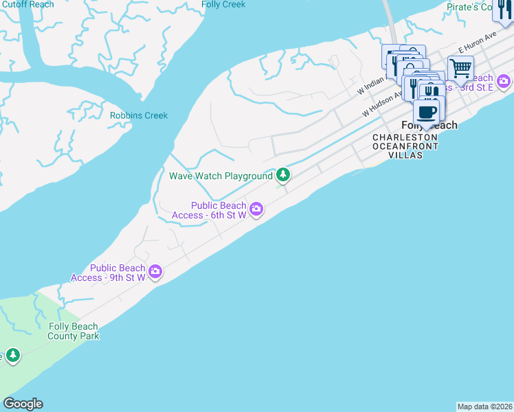 map of restaurants, bars, coffee shops, grocery stores, and more near 520 West Ashley Avenue in Folly Beach