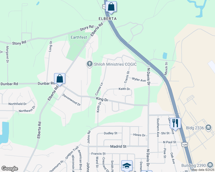 map of restaurants, bars, coffee shops, grocery stores, and more near 215 Keith Drive in Warner Robins
