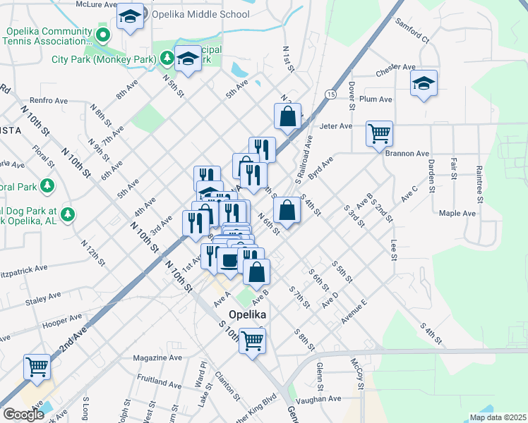 map of restaurants, bars, coffee shops, grocery stores, and more near 512 North Railroad Avenue in Opelika