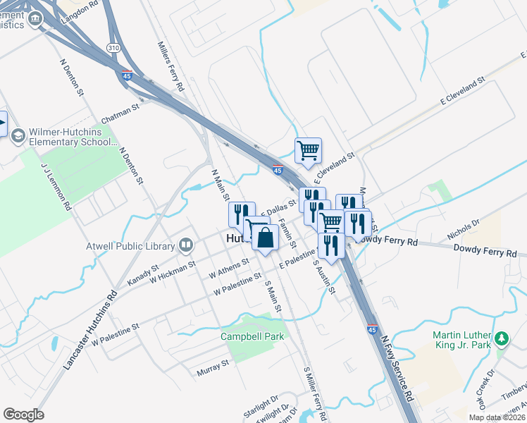 map of restaurants, bars, coffee shops, grocery stores, and more near 201 East Dallas Street in Hutchins