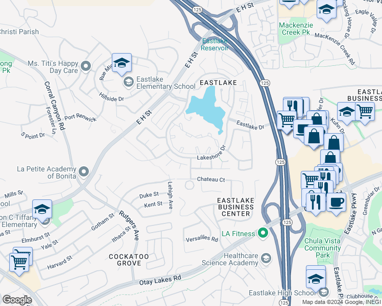 map of restaurants, bars, coffee shops, grocery stores, and more near 2043 Lakeridge Circle in Chula Vista