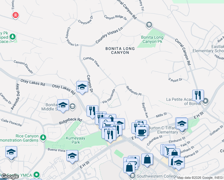 map of restaurants, bars, coffee shops, grocery stores, and more near 1523 Via Hacienda in Chula Vista