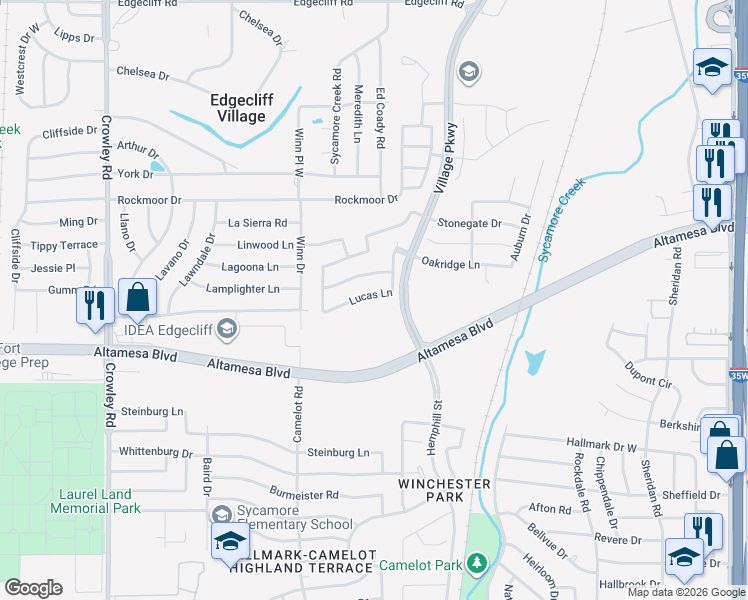map of restaurants, bars, coffee shops, grocery stores, and more near 11 Lucas Lane in Edgecliff Village