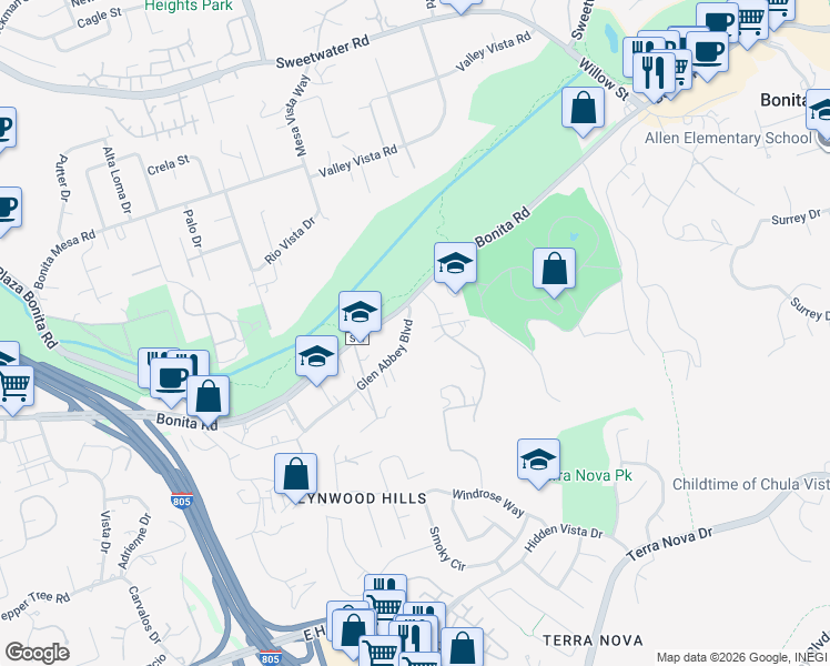 map of restaurants, bars, coffee shops, grocery stores, and more near 3464 Glen Abbey Boulevard in Chula Vista