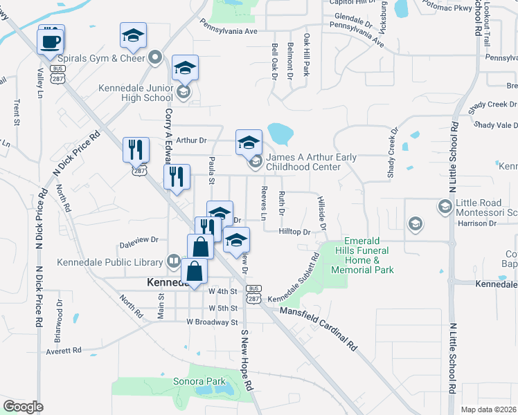 map of restaurants, bars, coffee shops, grocery stores, and more near 702 Crestview Drive in Kennedale