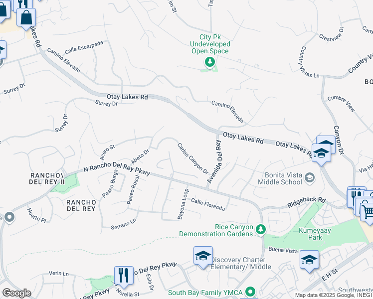 map of restaurants, bars, coffee shops, grocery stores, and more near 1153 Carlos Canyon Drive in Chula Vista