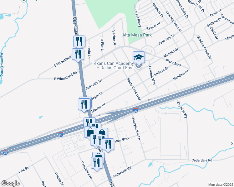 map of restaurants, bars, coffee shops, grocery stores, and more near 2647 Mojave Drive in Dallas
