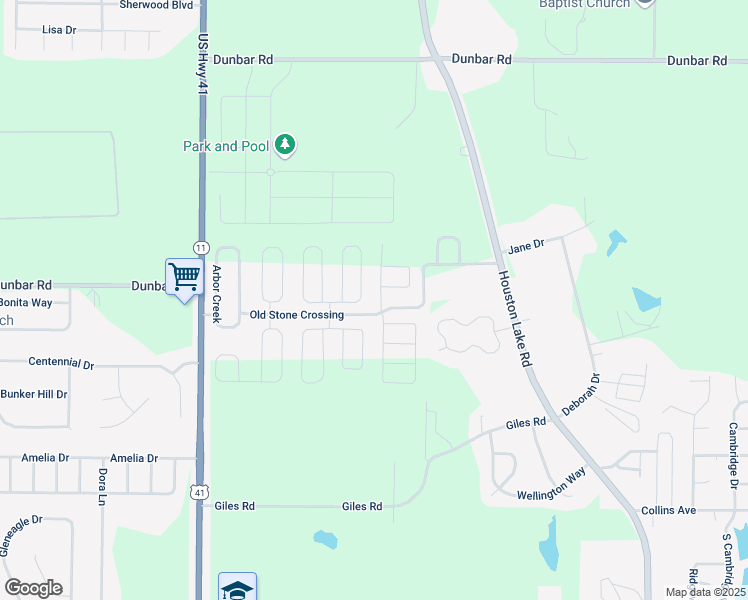 map of restaurants, bars, coffee shops, grocery stores, and more near Old Stone Crossing in Warner Robins