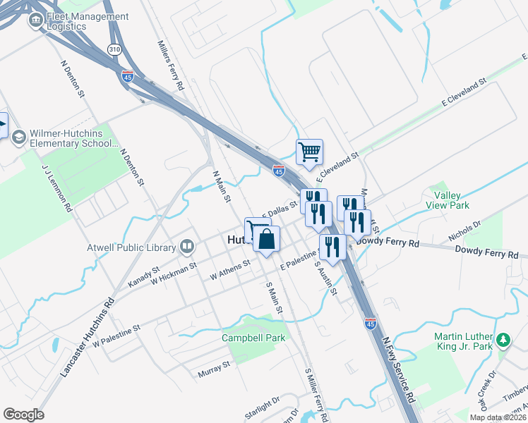 map of restaurants, bars, coffee shops, grocery stores, and more near 201 East Dallas Street in Hutchins