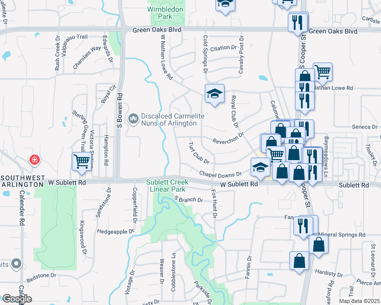 map of restaurants, bars, coffee shops, grocery stores, and more near 2228 Turf Club Drive in Arlington