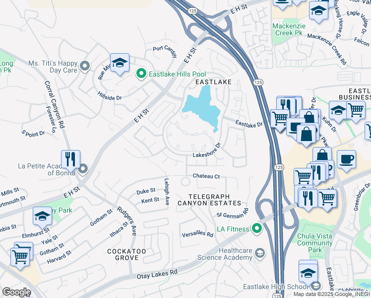 map of restaurants, bars, coffee shops, grocery stores, and more near 2043 Lakeridge Circle in Chula Vista