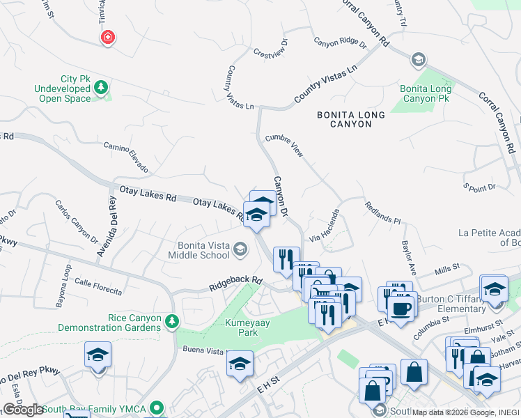 map of restaurants, bars, coffee shops, grocery stores, and more near 625 Otay Lakes Road in Chula Vista