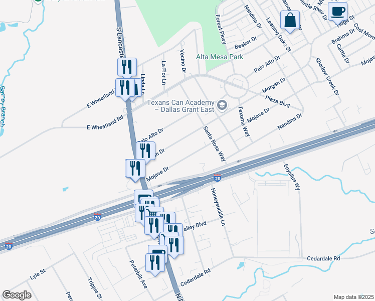 map of restaurants, bars, coffee shops, grocery stores, and more near 2647 Mojave Drive in Dallas