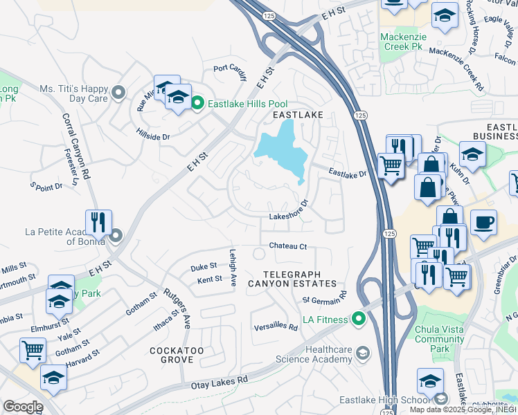 map of restaurants, bars, coffee shops, grocery stores, and more near 2051 Lakeridge Circle in Chula Vista