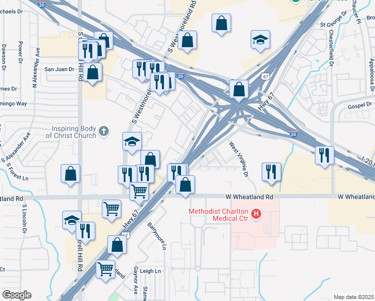 map of restaurants, bars, coffee shops, grocery stores, and more near 7843 Marvin D Love Freeway in Dallas