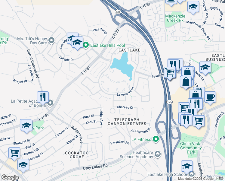 map of restaurants, bars, coffee shops, grocery stores, and more near 2051 Lakeridge Circle in Chula Vista