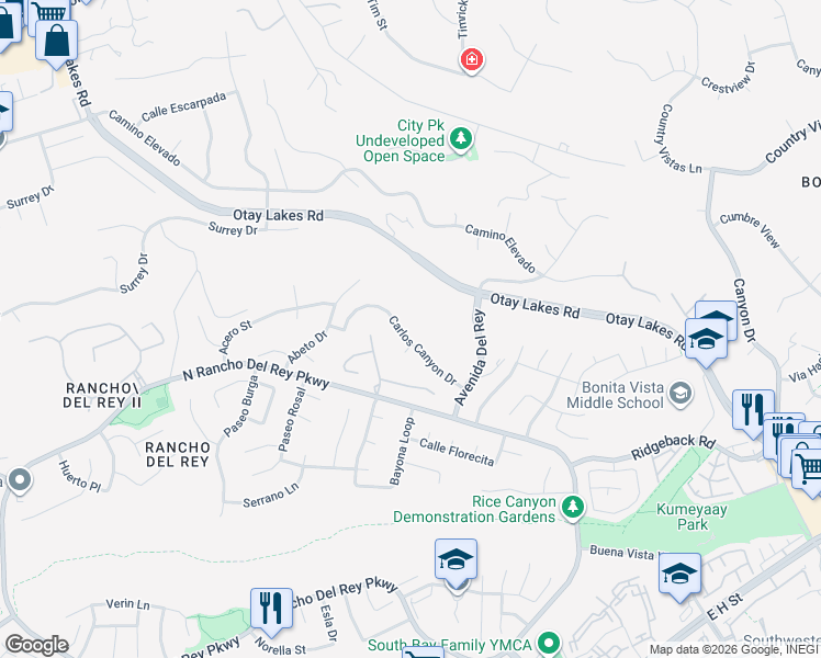 map of restaurants, bars, coffee shops, grocery stores, and more near 1153 Carlos Canyon Drive in Chula Vista