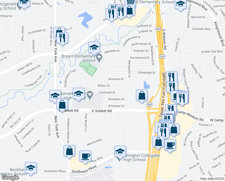 map of restaurants, bars, coffee shops, grocery stores, and more near 2311 Cromwell Drive in Arlington