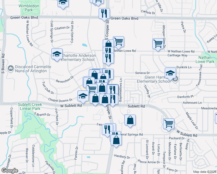 map of restaurants, bars, coffee shops, grocery stores, and more near 5877 South Cooper Street in Arlington