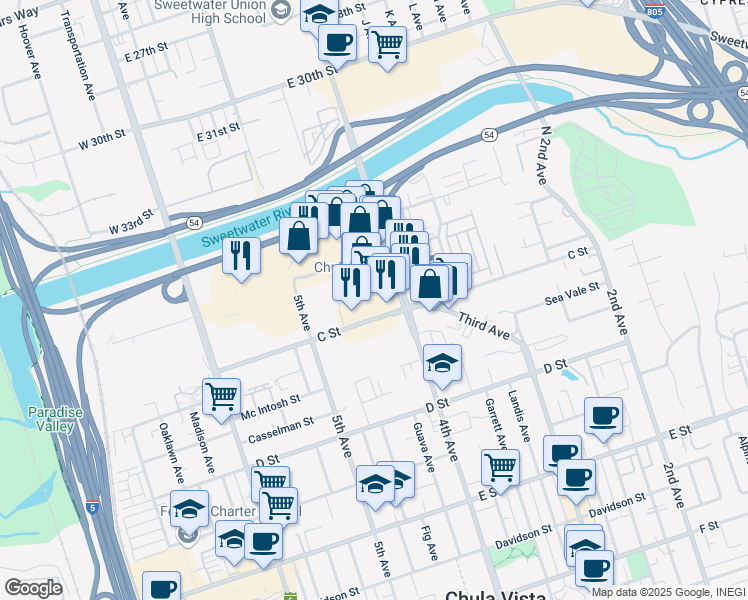 map of restaurants, bars, coffee shops, grocery stores, and more near 40 North 4th Avenue in Chula Vista