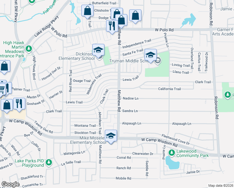 map of restaurants, bars, coffee shops, grocery stores, and more near 1802 Natchez Court in Grand Prairie
