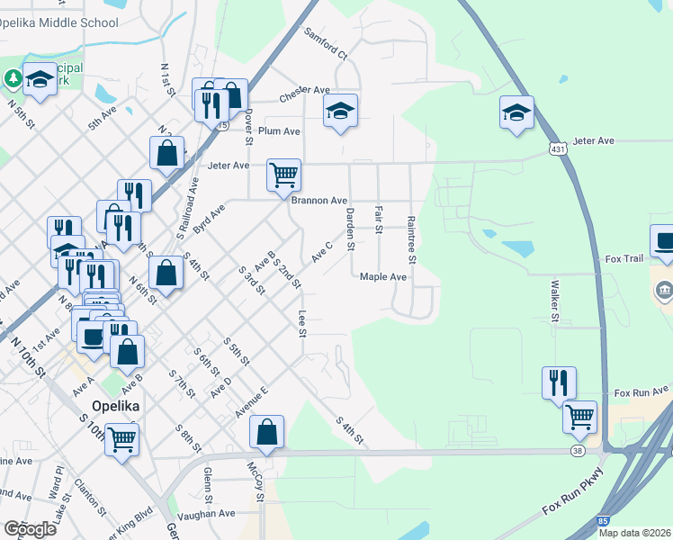 map of restaurants, bars, coffee shops, grocery stores, and more near 9 Oak Court in Opelika