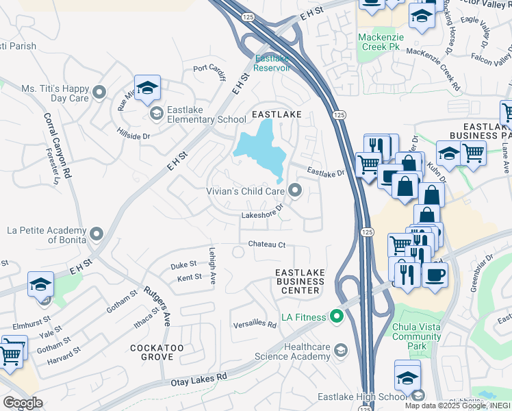 map of restaurants, bars, coffee shops, grocery stores, and more near 2075 Lakeridge Circle in Chula Vista