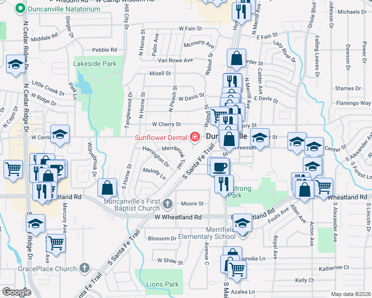 map of restaurants, bars, coffee shops, grocery stores, and more near 219 Merribrook Trail in Duncanville