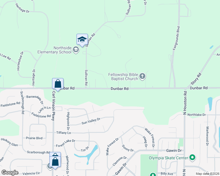 map of restaurants, bars, coffee shops, grocery stores, and more near 505 Dunbar Road in Warner Robins