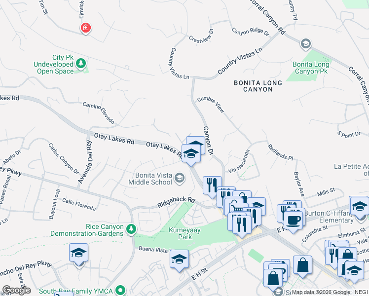 map of restaurants, bars, coffee shops, grocery stores, and more near 575 Otay Lakes Road in Chula Vista