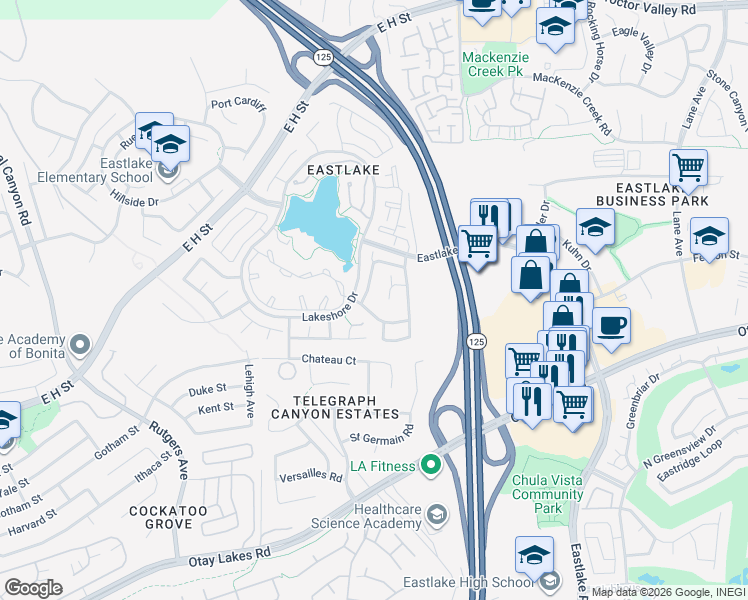 map of restaurants, bars, coffee shops, grocery stores, and more near 2100 Waterside Drive in Chula Vista