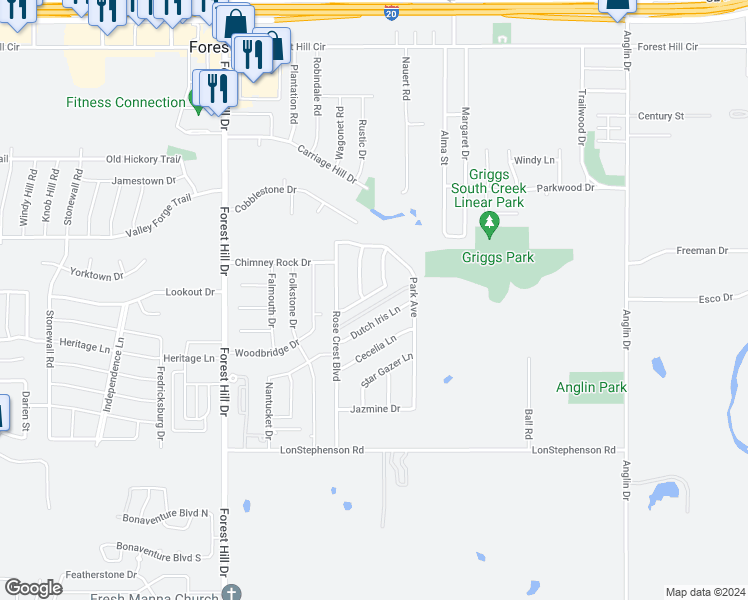 map of restaurants, bars, coffee shops, grocery stores, and more near 3725 Caladium Lane in Forest Hill