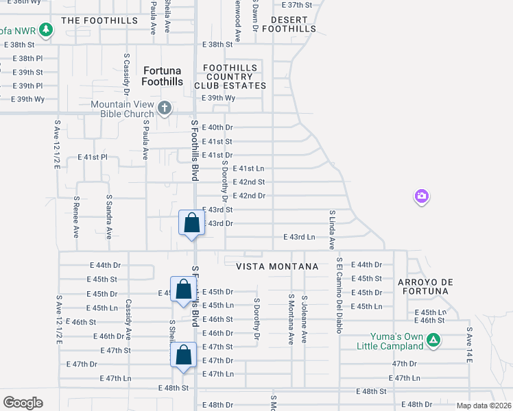 map of restaurants, bars, coffee shops, grocery stores, and more near 13201-13315 East 43rd Street in Yuma