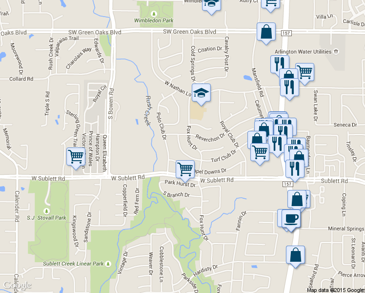 map of restaurants, bars, coffee shops, grocery stores, and more near 2227 Turf Club Drive in Arlington