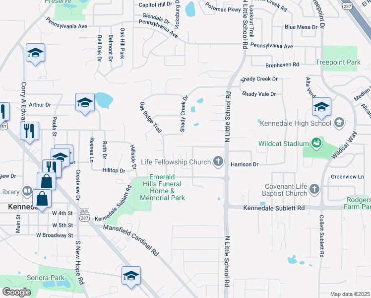 map of restaurants, bars, coffee shops, grocery stores, and more near 116 Peachtree Court in Kennedale
