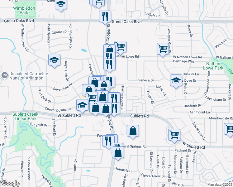map of restaurants, bars, coffee shops, grocery stores, and more near 5901 South Cooper Street in Arlington