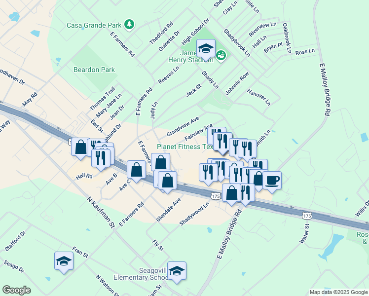 map of restaurants, bars, coffee shops, grocery stores, and more near 511 Shaye Court in Seagoville